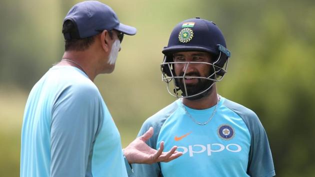 Ravi Shastri in conversation with Indian cricket team batsman Cheteshwar Pujara. (BCCI) Ravi Shastri in conversation with Indian cricket team batsman Cheteshwar Pujara. (BCCI)