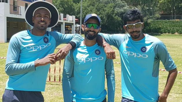 (L to R) Hardik Pandya, Dinesh Karthik and Jasprit Bumrah during the practice session. (BCCI) (L to R) Hardik Pandya, Dinesh Karthik and Jasprit Bumrah during the practice session. (BCCI)
