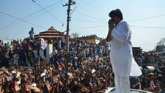 Pawan Kalyan at Karimnagar during his political tour on Monday. Pawan Kalyan at Karimnagar during his political tour on Monday.