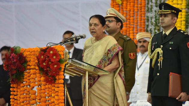 Senior BJP leader Anandiben Patel was sworn in as the governor of Madhya Pradesh. Madhya Pradesh High Court Chief Justice Hemant Gupta administered the oath of office to Patel at a ceremony held at the Raj Bhawan. (Mujeeb Faruqui / HT Photo) Senior BJP leader Anandiben Patel was sworn in as the governor of Madhya Pradesh. Madhya Pradesh High Court Chief Justice Hemant Gupta administered the oath of office to Patel at a ceremony held at the Raj Bhawan. (Mujeeb Faruqui / HT Photo)