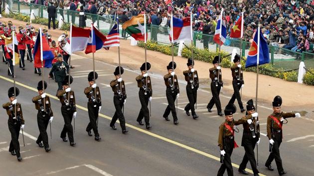 An Indian army contingent marches holding the national flags of the ASEAN countries during the full dress rehearsal for the upcoming Indian Republic Day parade in New Delhi on January 23. (AFP Photo) An Indian army contingent marches holding the national flags of the ASEAN countries during the full dress rehearsal for the upcoming Indian Republic Day parade in New Delhi on January 23. (AFP Photo)
