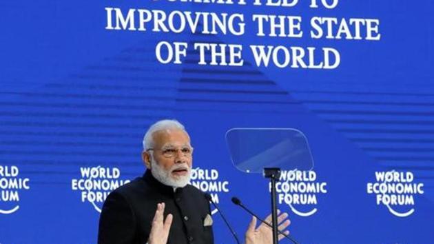 Prime Minister Narendra Modi gestures as he speaks at the Opening Plenary during the World Economic Forum (WEF) annual meeting in Davos, Switzerland on January 23.(Reuters)