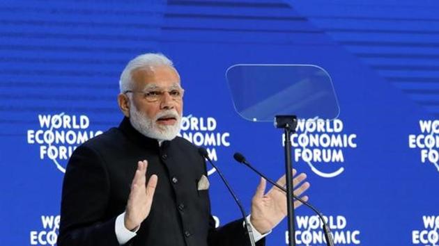 Prime Minister Narendra Modi gestures as he speaks at the Opening Plenary during the World Economic Forum (WEF) annual meeting in Davos, Switzerland.(Reuters Photo)