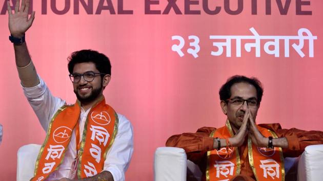 Shiv Sena chief Uddhav Thackeray’s son Aaditya (left) was elevated in the party hierarchy on Tuesday at the party’s national executive meeting held at the NSCI, Worli. (Anshuman Poyrekar/HT Photo) Shiv Sena chief Uddhav Thackeray’s son Aaditya (left) was elevated in the party hierarchy on Tuesday at the party’s national executive meeting held at the NSCI, Worli. (Anshuman Poyrekar/HT Photo)