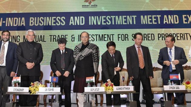Union finance minister Arun Jaitley with ASEAN head of delegation at the valedictory session of ASEAN-India business meet in New Delhi on Tuesday. (PTI Photo) Union finance minister Arun Jaitley with ASEAN head of delegation at the valedictory session of ASEAN-India business meet in New Delhi on Tuesday. (PTI Photo)