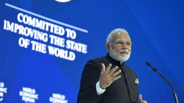 Prime Minister Narendra Modi delivers his speech at the plenary session of the World Economic Forum, in Davos on Tuesday.(PTI Photo) Prime Minister Narendra Modi delivers his speech at the plenary session of the World Economic Forum, in Davos on Tuesday.(PTI Photo)