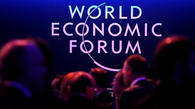 A logo of the World Economic Forum (WEF) is seen as people attend the WEF annual meeting in Davos, Switzerland. (REUTERS)