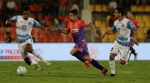 Marcelo Leite Pereira of FC Pune City in action during an Indian Super League match against Jamshedpur FC at the Shree Shiv Chhatrapati Sports Complex Stadium, Pune, on Wednesday. (ISL) Marcelo Leite Pereira of FC Pune City in action during an Indian Super League match against Jamshedpur FC at the Shree Shiv Chhatrapati Sports Complex Stadium, Pune, on Wednesday. (ISL)