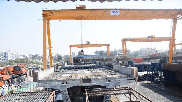 The ongoing Metro work between Dapodi and Pimpri in Pune. Pune Metro project was launched in January 23 last year. (HT PHOTO) The ongoing Metro work between Dapodi and Pimpri in Pune. Pune Metro project was launched in January 23 last year. (HT PHOTO)