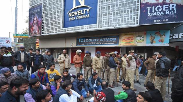 People protest against the release of film 'Padmaavat' outside a theatre in Lucknow. (PTI Photo) People protest against the release of film 'Padmaavat' outside a theatre in Lucknow. (PTI Photo)
