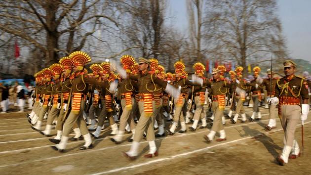The Central Reserve Police Force contingent takes part in the full dress rehearsal for the Republic Day parade at the Sher-e-Kashmir Stadium in Srinagar. (Waseem Andrabi / HT Photo) The Central Reserve Police Force contingent takes part in the full dress rehearsal for the Republic Day parade at the Sher-e-Kashmir Stadium in Srinagar. (Waseem Andrabi / HT Photo)