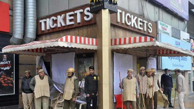 Police personnel seen deployed outside a multiplex in Gurugram on Tuesday, ahead of the film’s release. The makers of ‘Padmaavat’ screened the movie for a group of journalists in the national capital on Tuesday. Meanwhile the Karni Sena which has been leading the protests has named a six-member panel comprising erstwhile royals, and historians to watch the film ahead of its release on January 25. (PTI)