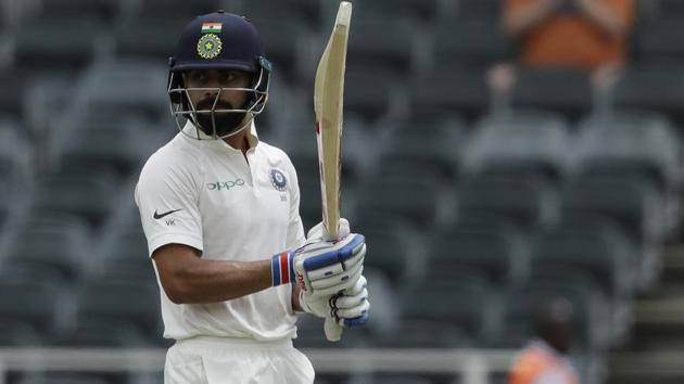 India's captain Virat Kohli watches his shot on the first day of the third Test vs South Africa at the Wanderers in Johannesburg on Wednesday. (AP) India's captain Virat Kohli watches his shot on the first day of the third Test vs South Africa at the Wanderers in Johannesburg on Wednesday. (AP)