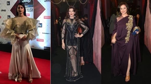 Television actor and Bigg Boss 11 runner-up Hina Khan arrived on the red carpet in an Alpana Neeraj outfit, looking like a gorgeous butterfly. Sangeeta Bijlani wore a heavily-sequined sheer black dress. Divya Dutta wore a purple flowy gown. (HT Photo) Television actor and Bigg Boss 11 runner-up Hina Khan arrived on the red carpet in an Alpana Neeraj outfit, looking like a gorgeous butterfly. Sangeeta Bijlani wore a heavily-sequined sheer black dress. Divya Dutta wore a purple flowy gown. (HT Photo)