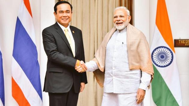 Prime Minister Narendra Modi with his Thai counterpart Prayut Chan-o-cha in Delhi on Thursday, January 25, 2018.(Raveesh Kumar/MEA) Prime Minister Narendra Modi with his Thai counterpart Prayut Chan-o-cha in Delhi on Thursday, January 25, 2018.(Raveesh Kumar/MEA)