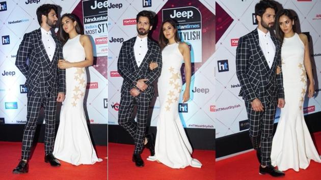 Shahid Kapoor and Mira Rajput get the Most Stylish Couple award. Shahid wore a chequered Gaurav Gupta suit while Mira came in a body-hugging cream-coloured dress. (HT Photo) Shahid Kapoor and Mira Rajput get the Most Stylish Couple award. Shahid wore a chequered Gaurav Gupta suit while Mira came in a body-hugging cream-coloured dress. (HT Photo)