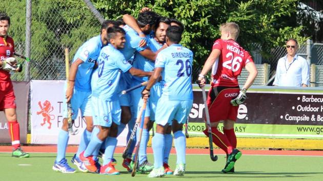 Dilpreet Singh scored in the 59th minute as India defeated Belgium in a manic Four Nations Hockey tournament match in New Zealand. (HT Photo) Dilpreet Singh scored in the 59th minute as India defeated Belgium in a manic Four Nations Hockey tournament match in New Zealand. (HT Photo)