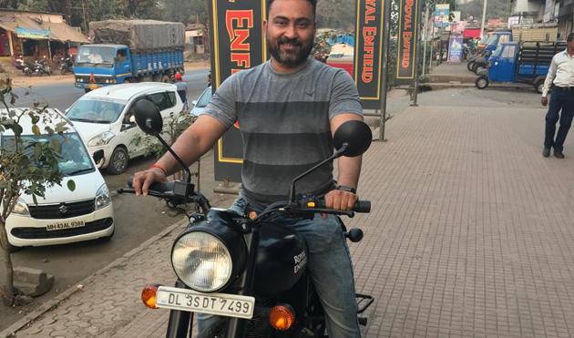 Vasai hotelier and biking enthusiast with his newly purchased bike. (Rahul Birhade) Vasai hotelier and biking enthusiast with his newly purchased bike. (Rahul Birhade)