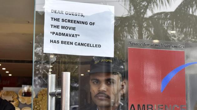 The circular at the entrance to Ambience Mall read: Dear guests, the screening of the movie Padmaavat has been cancelled. (Sanjeev Verma/HT PHOTO) The circular at the entrance to Ambience Mall read: Dear guests, the screening of the movie Padmaavat has been cancelled. (Sanjeev Verma/HT PHOTO)