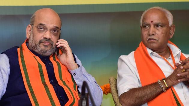 BJP president Amit Shah with Karnataka BJP chief BS Yeduyurappa.(PTI File Photo)