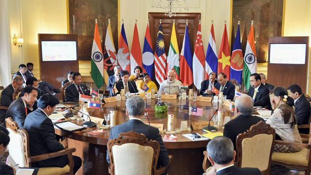 Prime Minister Narendra Modi in a retreat meeting with the ASEAN heads of state/governments at Rashtrapati Bhavan, in New Delhi on Thursday. (PTI) Prime Minister Narendra Modi in a retreat meeting with the ASEAN heads of state/governments at Rashtrapati Bhavan, in New Delhi on Thursday. (PTI)
