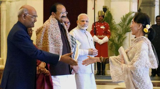 President Ram Nath Kovind greets Myanmar's State Counsellor Aung San Suu Kyi during a ceremonial reception of ASEAN heads at Rashtrapati Bhavan in New Delhi on Thursday. (PTI Photo) President Ram Nath Kovind greets Myanmar's State Counsellor Aung San Suu Kyi during a ceremonial reception of ASEAN heads at Rashtrapati Bhavan in New Delhi on Thursday. (PTI Photo)