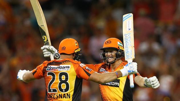 Adam Voges and Tim Bresnan of Perth Scorchers celebrate winning the Big Bash League (BBL) match against Adelaide Strikers at WACA (The Furnace) on Thursday. (Getty Images) Adam Voges and Tim Bresnan of Perth Scorchers celebrate winning the Big Bash League (BBL) match against Adelaide Strikers at WACA (The Furnace) on Thursday. (Getty Images)