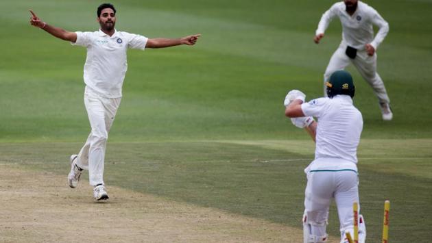 Bhuvneshwar Kumar celebrates after rattling AB de Villiers’ stumps. (REUTERS)