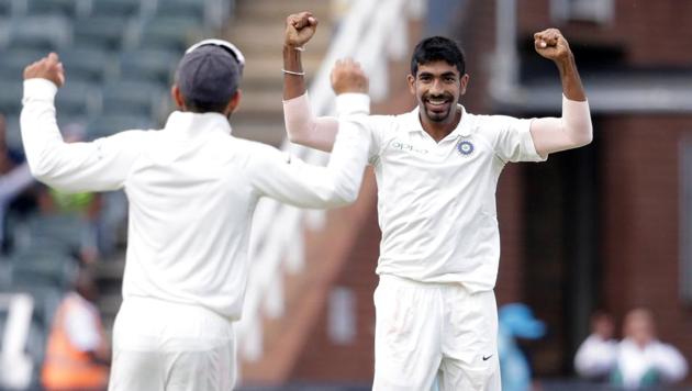 Indian bowler Jasprit Bumrah (R) celebrates the dismissal of South African batsman Lungi Ngidi during the second day of the third test match between South Africa and India at Wanderers cricket ground on January 25, 2018 in Johannesburg. (AFP) Indian bowler Jasprit Bumrah (R) celebrates the dismissal of South African batsman Lungi Ngidi during the second day of the third test match between South Africa and India at Wanderers cricket ground on January 25, 2018 in Johannesburg. (AFP)