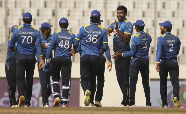 Sri Lanka entered the tri-series final with a 10-wicket win against Bangladesh.Get full cricket score of Bangladesh vs Sri Lanka, tri-series ODI here.(AFP)