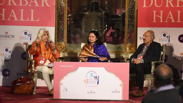 Esther David (left), author of Shalom (an Indian Jewish Fiction) in conversation with A Sethumadhavan also known as Sethu (right) during the Jaipur Literature Festival (JLF) 2018 at Diggi Palace, Rajasthan.(Raj K Raj/HT PHOTO)