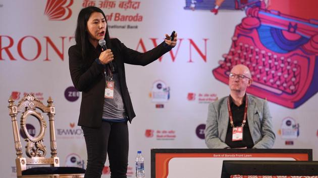 Suki Kim, novelist, investigative journalist and the only writer ever to live undercover in North Korea, in conversation with Michael Breen, author, consultant and journalist during ‘Undercover in North Korea: Facts and Fictions’. (Raj K Raj/HT PHOTO) 