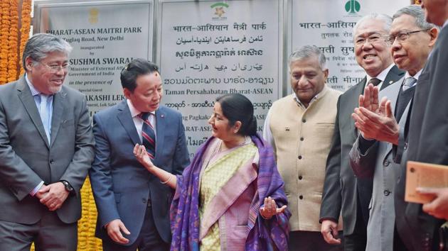 External affairs minister Sushma Swaraj during the inauguration of Bharat-ASEAN Maitri Park in New Delhi on Wednesday. (PTI Photo) External affairs minister Sushma Swaraj during the inauguration of Bharat-ASEAN Maitri Park in New Delhi on Wednesday. (PTI Photo)