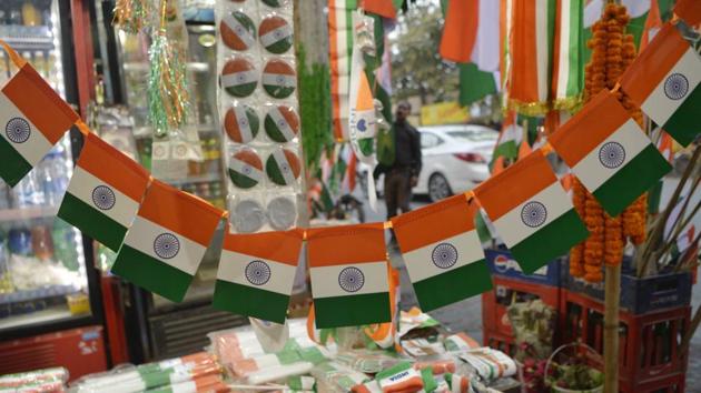 Memorabilia depicting the Indian national flag is displayed for sale in Siliguri on January 24. (AFP Photo) Memorabilia depicting the Indian national flag is displayed for sale in Siliguri on January 24. (AFP Photo)