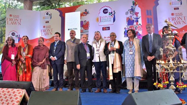 Former Rajasthan governor Margaret Alva, British-born American essayist and novelist Pico Iyer, festival producer Sanjoy Roy and others at the inauguration the Jaipur Literature Festival 2018 at Diggi Palace in Jaipur on Thursday. (PTI) Former Rajasthan governor Margaret Alva, British-born American essayist and novelist Pico Iyer, festival producer Sanjoy Roy and others at the inauguration the Jaipur Literature Festival 2018 at Diggi Palace in Jaipur on Thursday. (PTI)