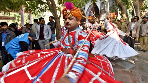 Rajasthani folk dancers perform during the Jaipur Literature Festival  in Rajasthan. Festival co-director William Dalrymple recalled its 11-year-long journey and said that although there are hundreds of literary events around the globe, there only four or five, which can boast a stellar line-up of award-winning writers like JLF. (Raj K Raj / HT Photo) 