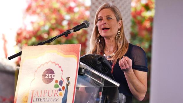 American theoretical physicist Lisa Randall, working in particle physics and cosmology, during a talk on her book ‘Dark Matter and Dinosaurs: The Astounding Interconnectedness of the Universe’ at Diggi Palace.  (Raj K Raj / HT Photo) 