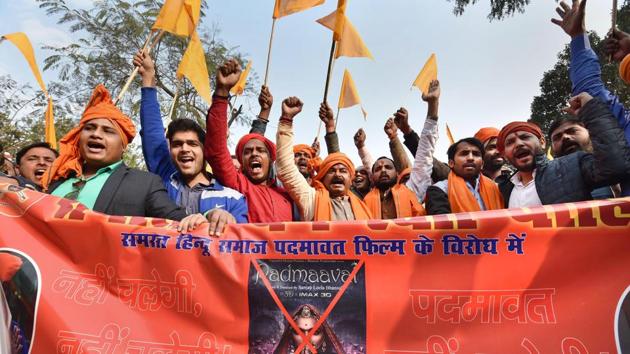 Karni Sena members protest against the release of film Padmaavat in Patna on Wednesday. (PTI) Karni Sena members protest against the release of film Padmaavat in Patna on Wednesday. (PTI)