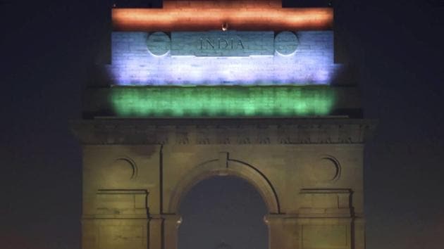 A view of the illuminated India Gate on the eve of Republic Day in New Delhi on Thursday. (PTI) A view of the illuminated India Gate on the eve of Republic Day in New Delhi on Thursday. (PTI)