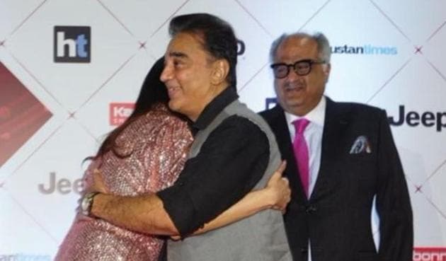 Kamal Haasan hugs Sridevi as the duo meet at the red carpet of HT India’s Most Stylish Awards 2018 on Wednesday. (HT Photo) Kamal Haasan hugs Sridevi as the duo meet at the red carpet of HT India’s Most Stylish Awards 2018 on Wednesday. (HT Photo)