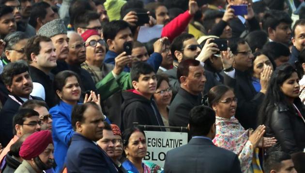 Congress president Rahul Gandhi with party leaders Ghulam Nabi Azad, Mallikarjun Kharge and other dignitaries during the Republic Day parade in New Delhi on Friday. (PTI) Congress president Rahul Gandhi with party leaders Ghulam Nabi Azad, Mallikarjun Kharge and other dignitaries during the Republic Day parade in New Delhi on Friday. (PTI)