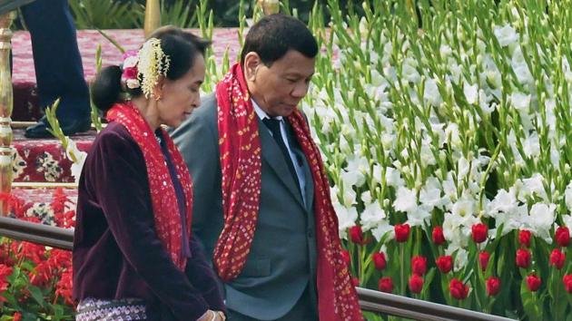 Myanmar's state counsellor Ang San Suu Kyi and Philippine President Rodrigo Roa Duterte leave after attending the Republic Day Parade in New Delhi on January 26, 2018. (PTI) Myanmar's state counsellor Ang San Suu Kyi and Philippine President Rodrigo Roa Duterte leave after attending the Republic Day Parade in New Delhi on January 26, 2018. (PTI)