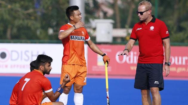 India hockey team chief coach Sjoerd Marijne with players during a practice session. (Hockey India) India hockey team chief coach Sjoerd Marijne with players during a practice session. (Hockey India)