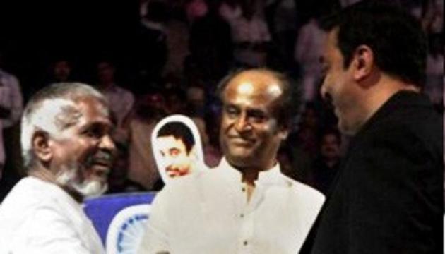 Rajinikanth and Kamal Haasan honouring Ilaiyaraaja on his 1000th album, Shamitabh. Rajinikanth and Kamal Haasan honouring Ilaiyaraaja on his 1000th album, Shamitabh.