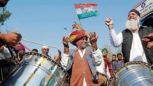 Congress supporters celebrate after filing of nominations for by-elections in Ajmer. (Deepak Sharma/HT File Photo) Congress supporters celebrate after filing of nominations for by-elections in Ajmer. (Deepak Sharma/HT File Photo)