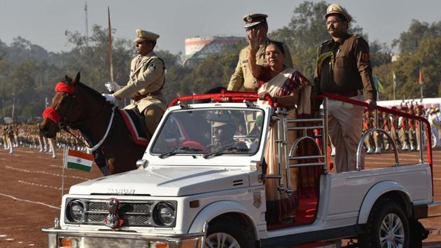 Madhya Pradesh Governor Anandiben Patel waves to the public during the parade in Bhopal. (Mujeeb Faruqui / HT Photo) Madhya Pradesh Governor Anandiben Patel waves to the public during the parade in Bhopal. (Mujeeb Faruqui / HT Photo)