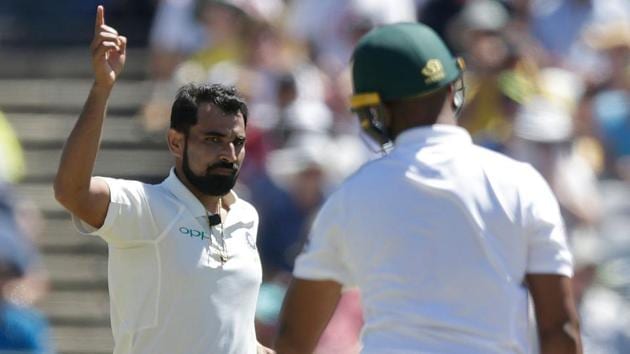 Mohammed Shami took Aiden Markram’s wicket on Day 3 of the third Test between South Africa and India at Wanderers cricket ground in Johannesburg. Catch full cricket score of day 3 of the third Test between India vs South Africa here.(AFP)