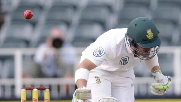 South Africa cricket team’s Dean Elgar gets hit by a ball during the third day of the third Test against Indian cricket team at the Wanderers cricket ground on Friday. (AFP) South Africa cricket team’s Dean Elgar gets hit by a ball during the third day of the third Test against Indian cricket team at the Wanderers cricket ground on Friday. (AFP)
