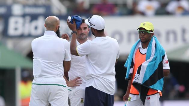Elgar was struck late in the afternoon by a sharply lifting delivery from Jasprit Bumrah, which stopped play.  (BCCI ) 