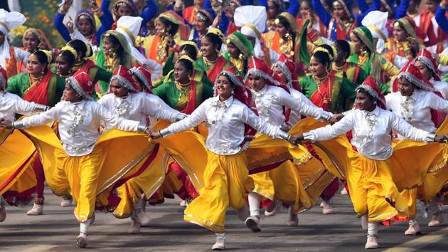 School children perform during the 69th Republic Day Parade in New Delhi. (Prakash Singh / AFP)